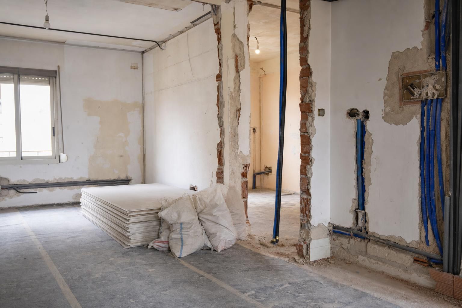 Piso en obra con el suelo levantado, un tabique abierto y rozas con tubos de instalación nuevos