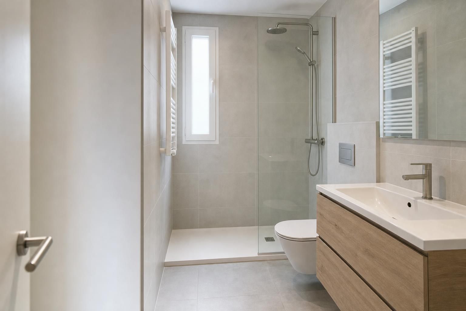 Baño reformado con azulejo porcelánico gris claro, mueble suspendido y ducha con mampara de cristal