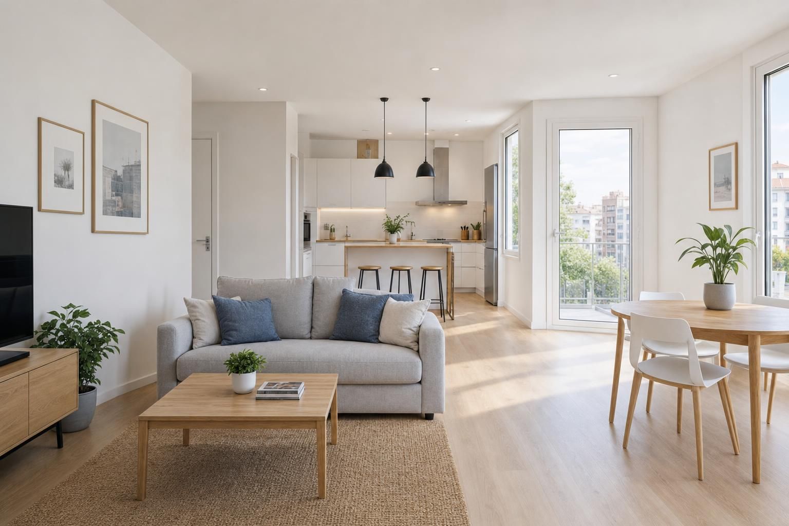 Salón abierto a la cocina de un piso reformado, con sofá gris, mesa de madera y taburetes junto a la barra